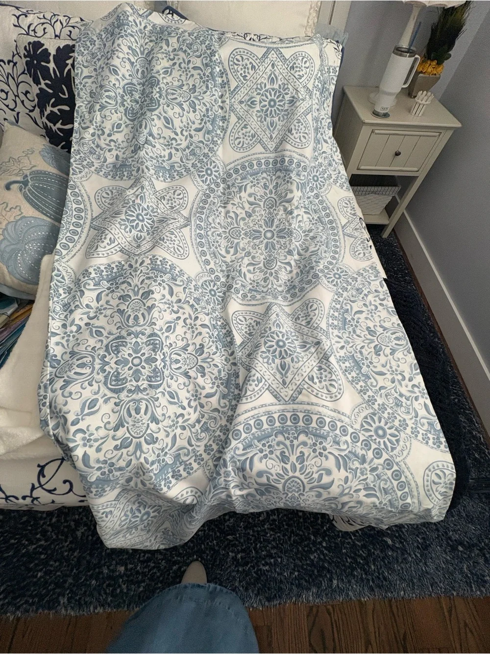 Blue and White Medallion shower curtain - with button hole opening for hooks